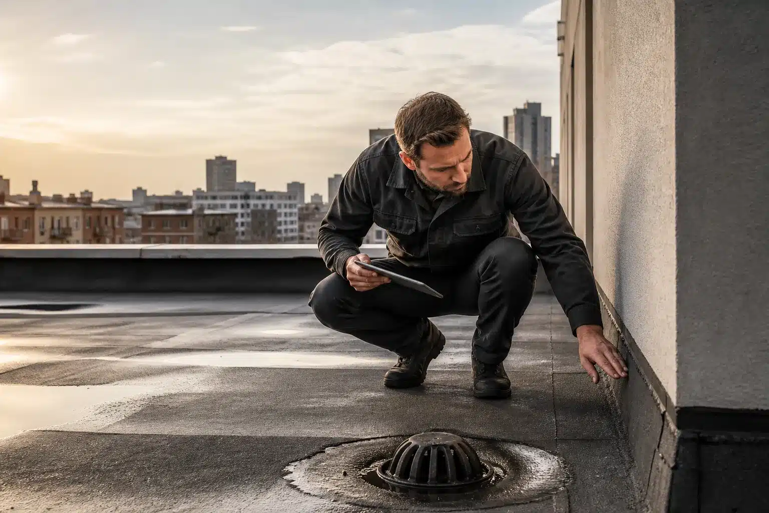 Expert inspectant l'étanchéité d'un toit-terrasse