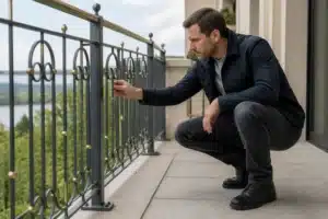Expert vérifiant un garde-corps de balcon