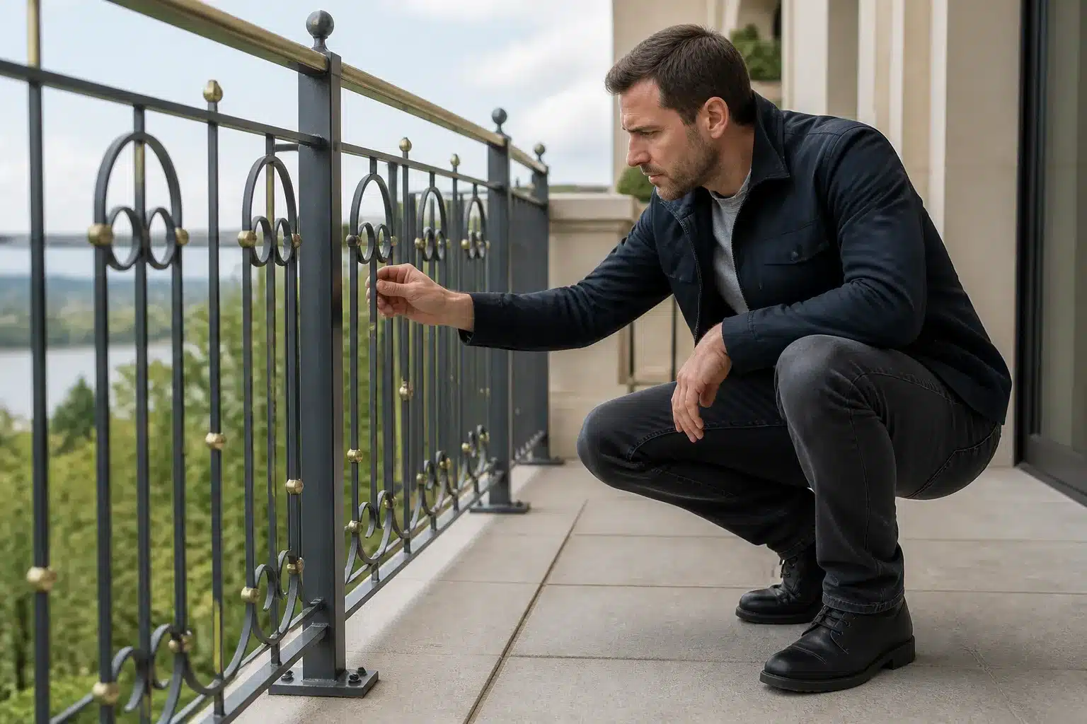 Expert vérifiant un garde-corps de balcon