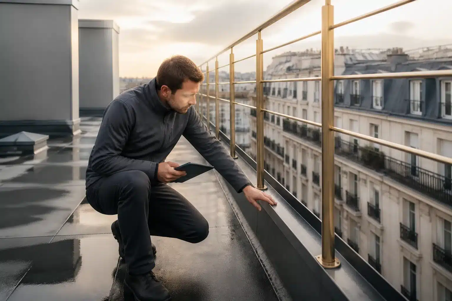 Expert contrôlant un balcon et un toit-terrasse