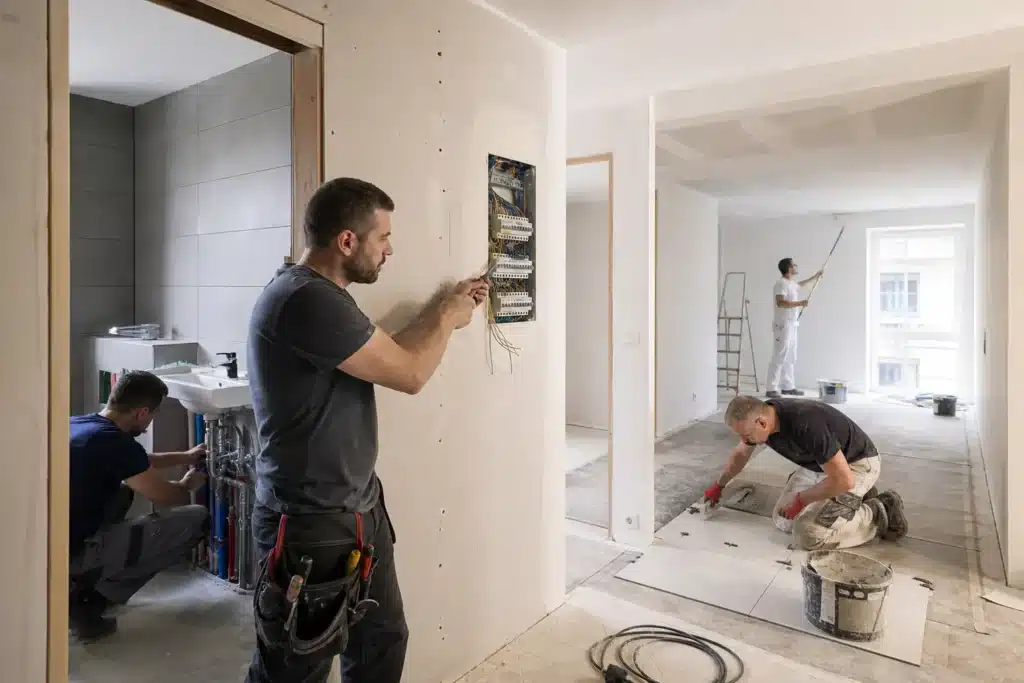 plusieurs artisans travaillant en lots separes sur une renovation