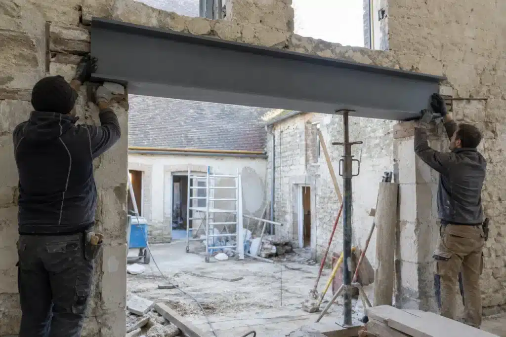 pose d une poutre et d un linteau sur un chantier