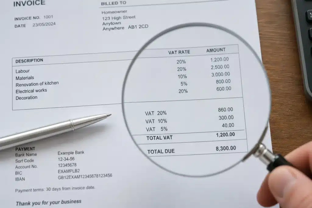 Controle des taux de TVA sur une facture de travaux