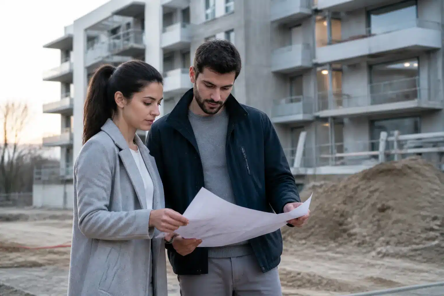 Acquereurs consultant leurs documents devant un immeuble neuf en cours d achevement