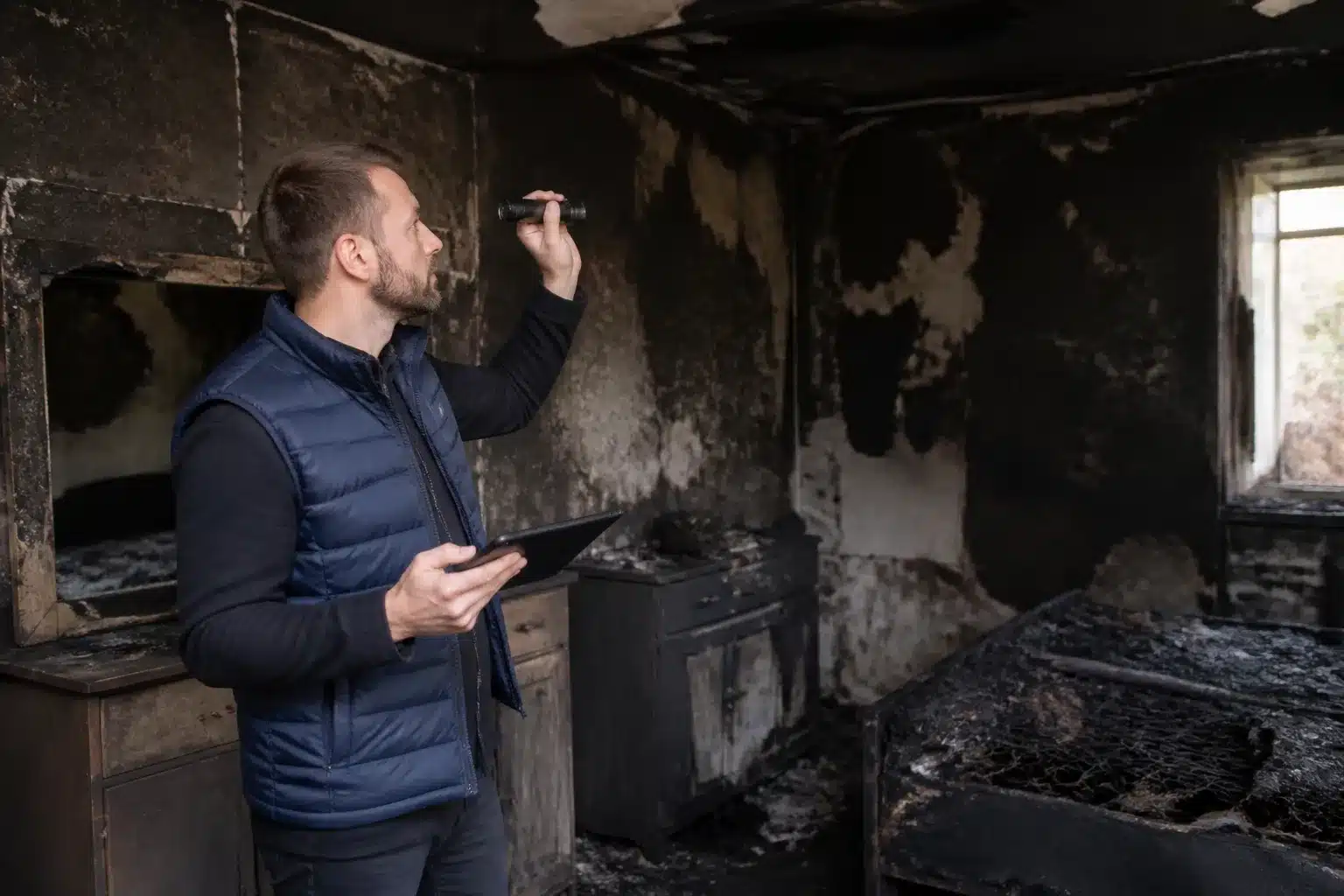 Expert d assure examinant les degats dans une piece apres un incendie