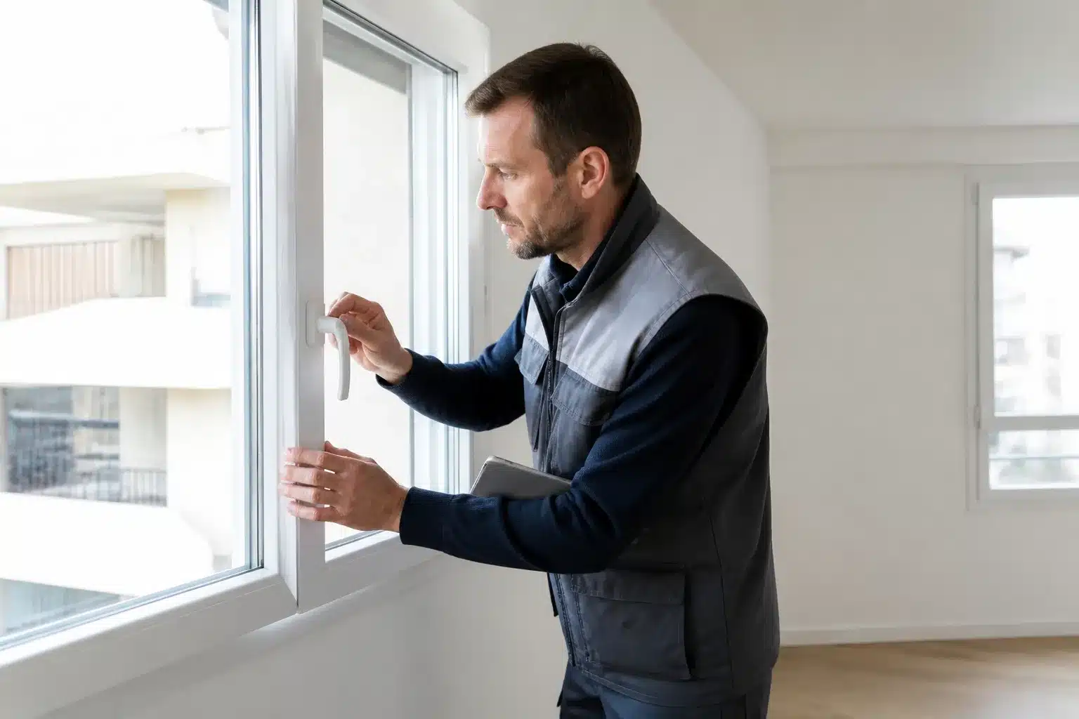 Expert controlant une menuiserie lors de la visite de fin de premiere annee dans un logement neuf