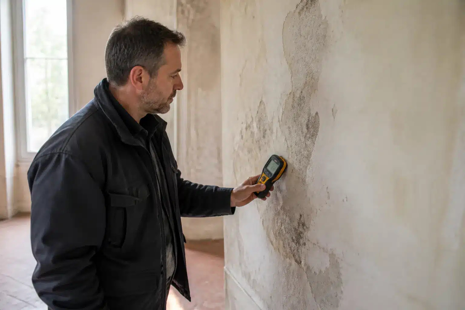 Expert en batiment controlant l'humidite d'un mur avec un humidimetre