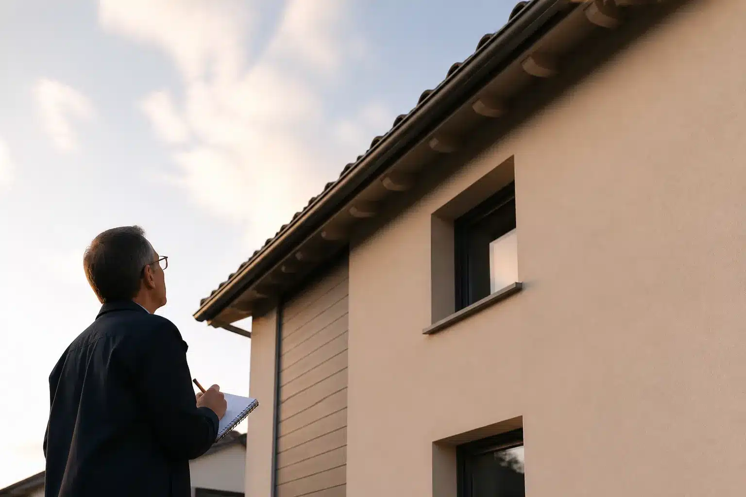 Expert en batiment inspectant la facade d une maison lors d une contre-visite