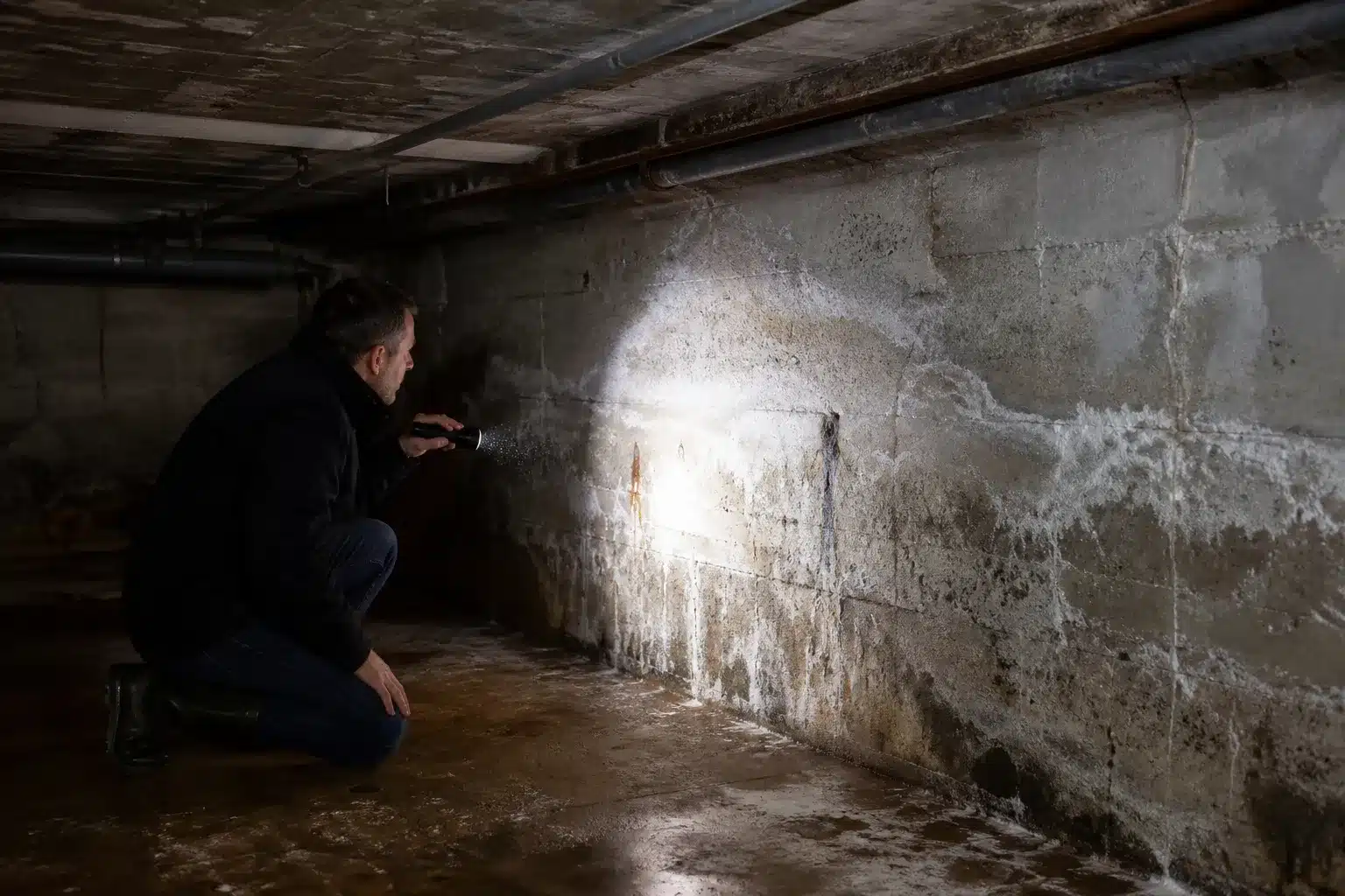 Expert inspectant un sous-sol humide a la recherche de l origine des infiltrations