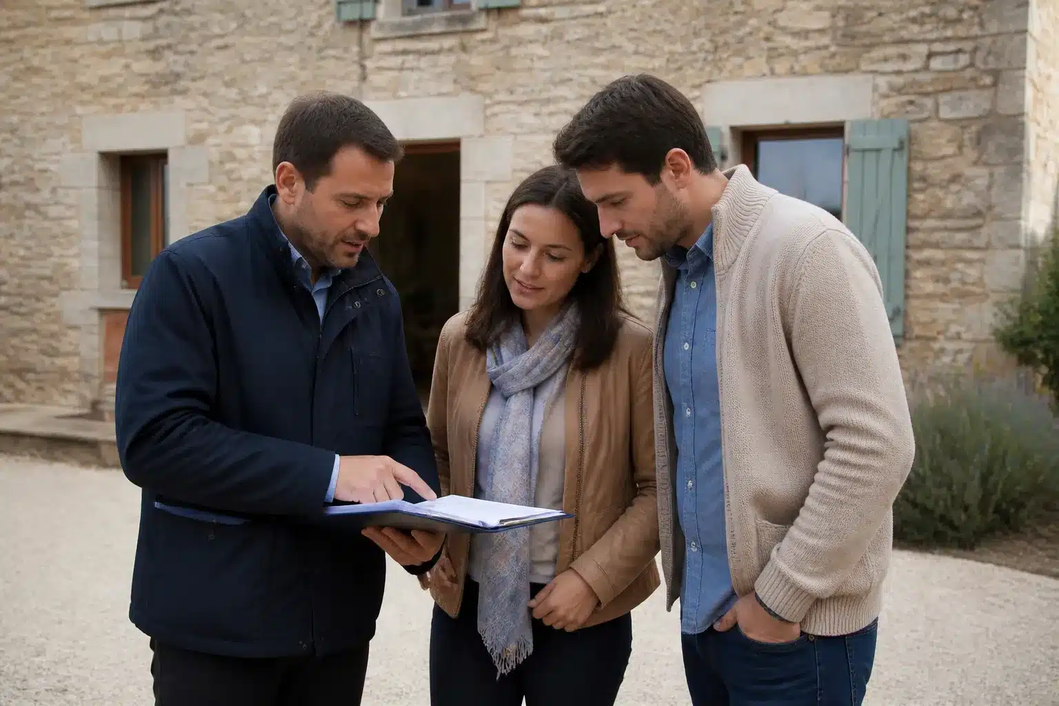 Expert en batiment presentant son rapport a un couple d acheteurs devant une maison