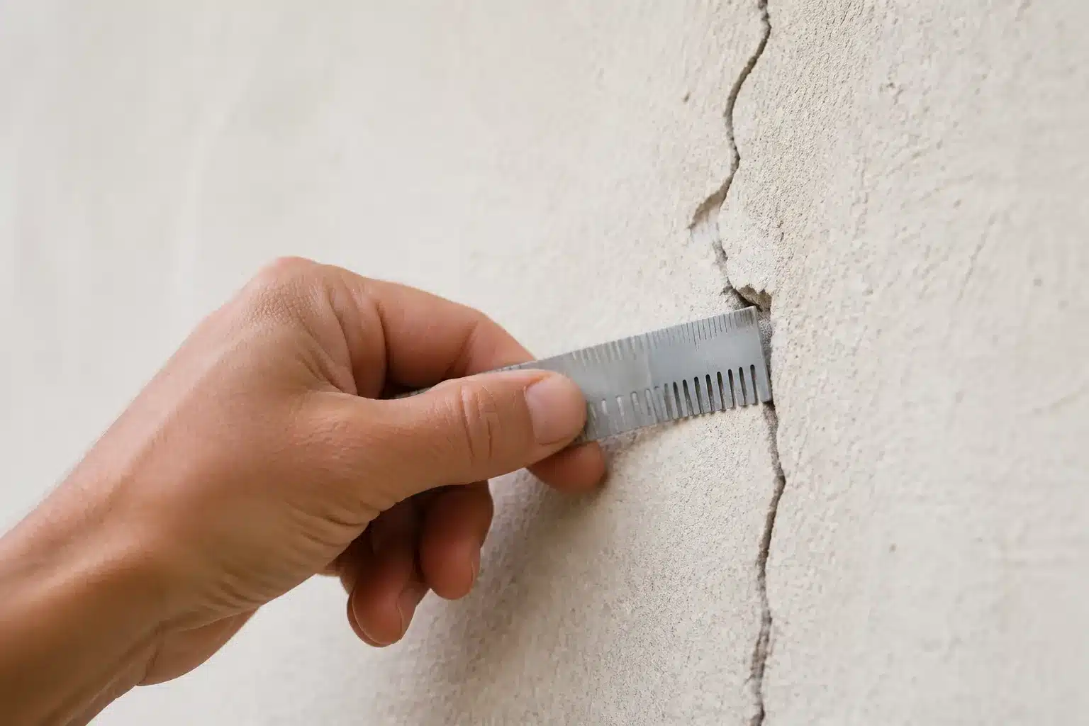Mesure d une fissure au mur avec une jauge lors d une expertise avant achat