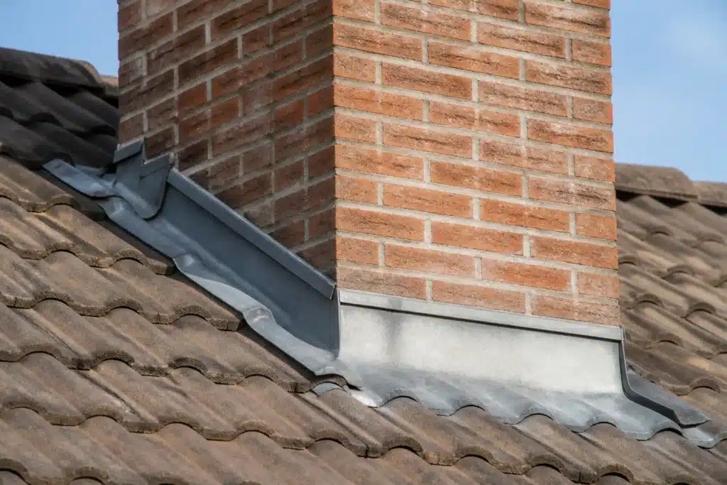 Abergement et bande de solin en zinc engravée autour d'une souche de cheminée en briques sur une toiture en tuiles mécaniques