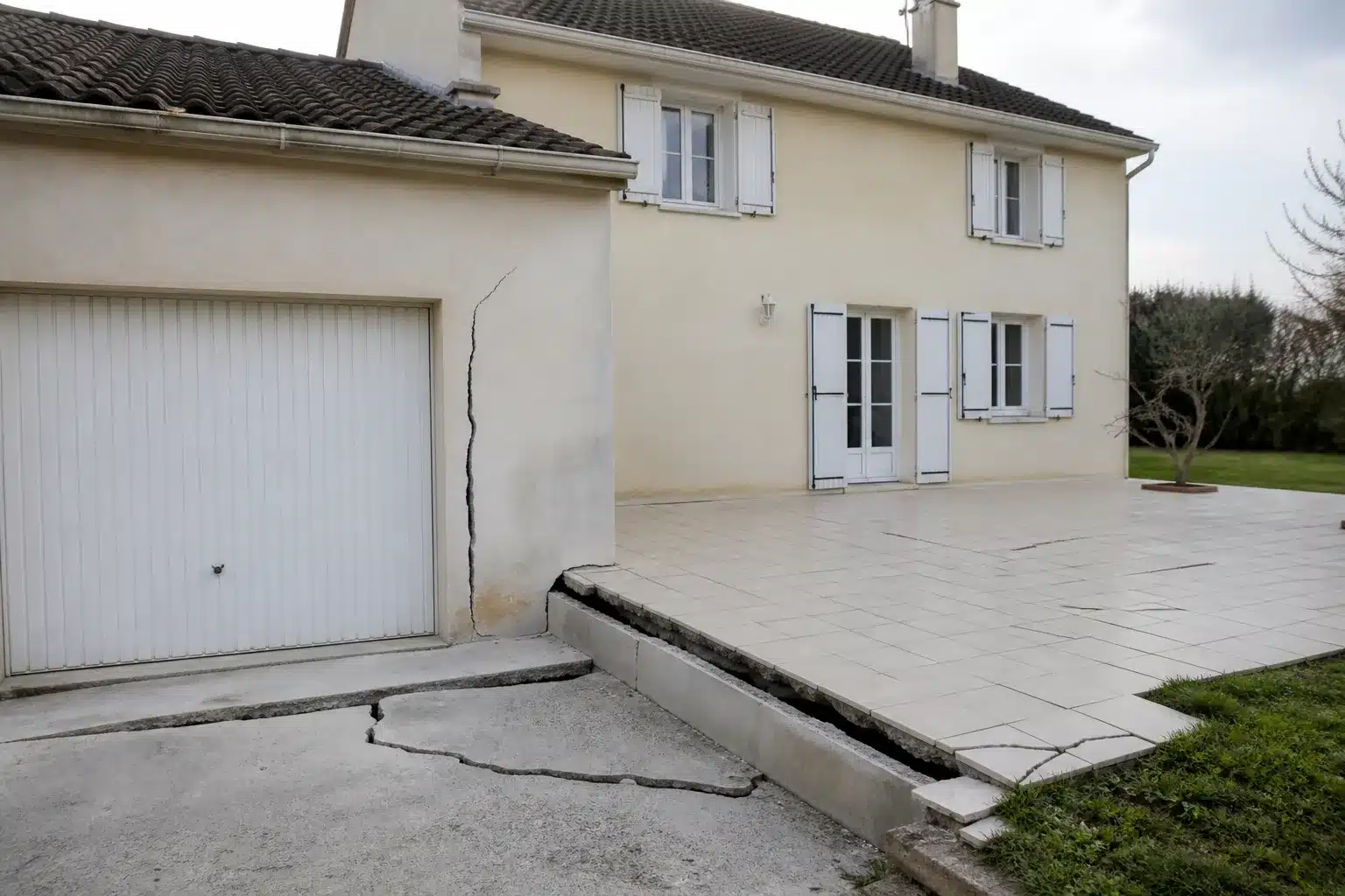 Garage accolé et terrasse fissurés devant une maison dont la façade principale est intacte