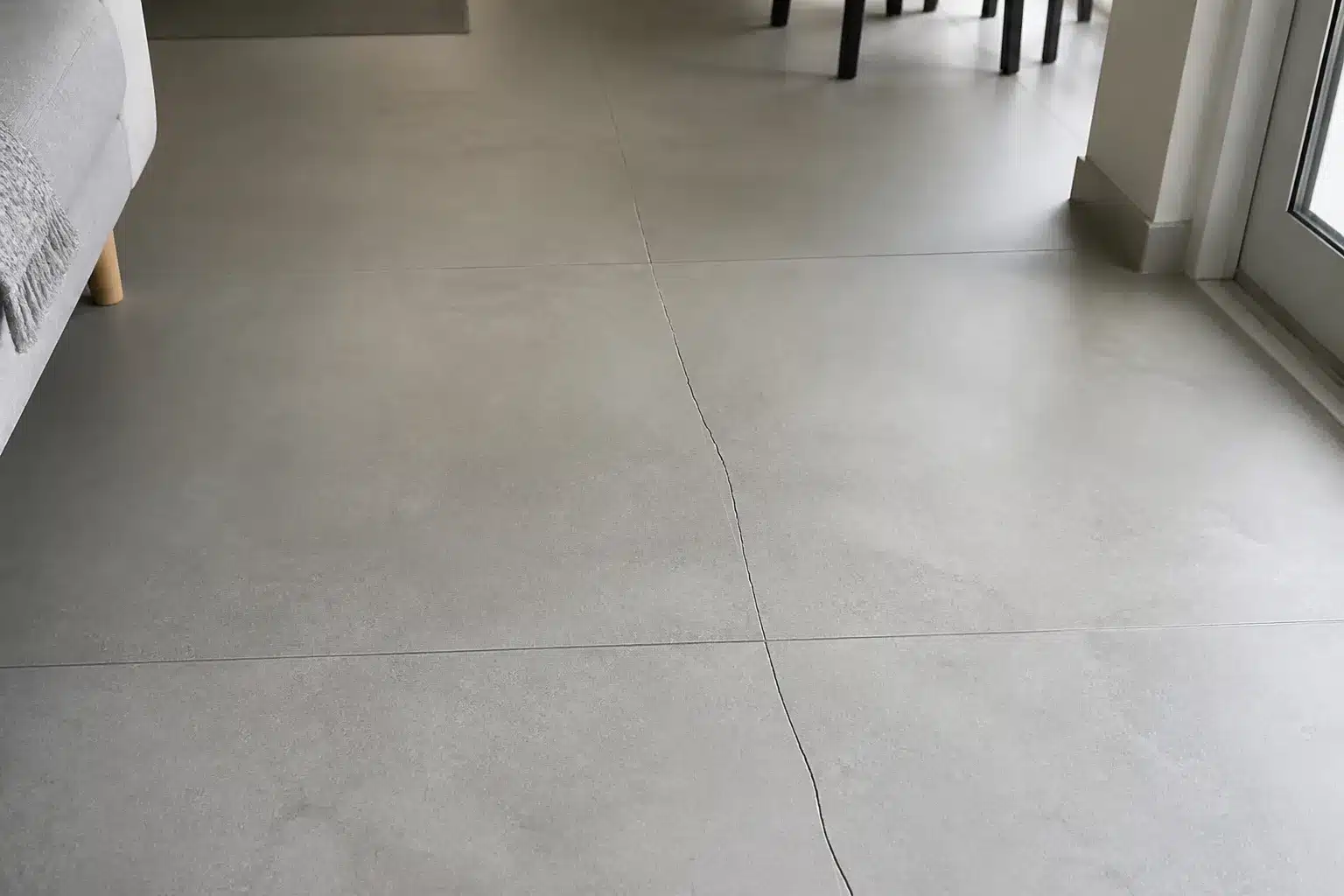 Fissure filante traversant plusieurs carreaux et joints d'un sol carrelé rénové