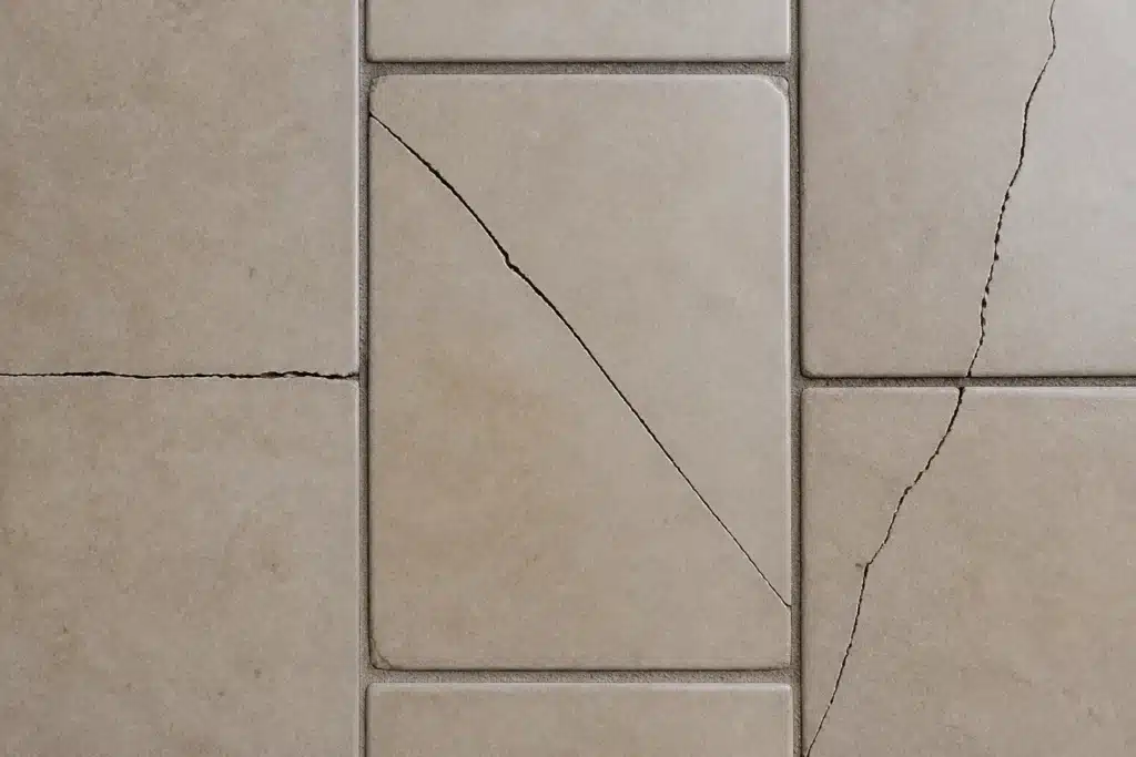 Gros plan comparant une microfissure de joint, un carreau isolé fendu et une fissure qui traverse plusieurs carreaux