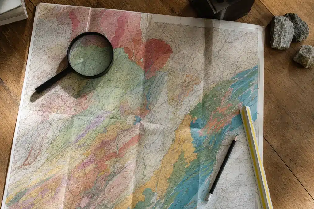 Carte de zonage des argiles consultée à la loupe sur un bureau