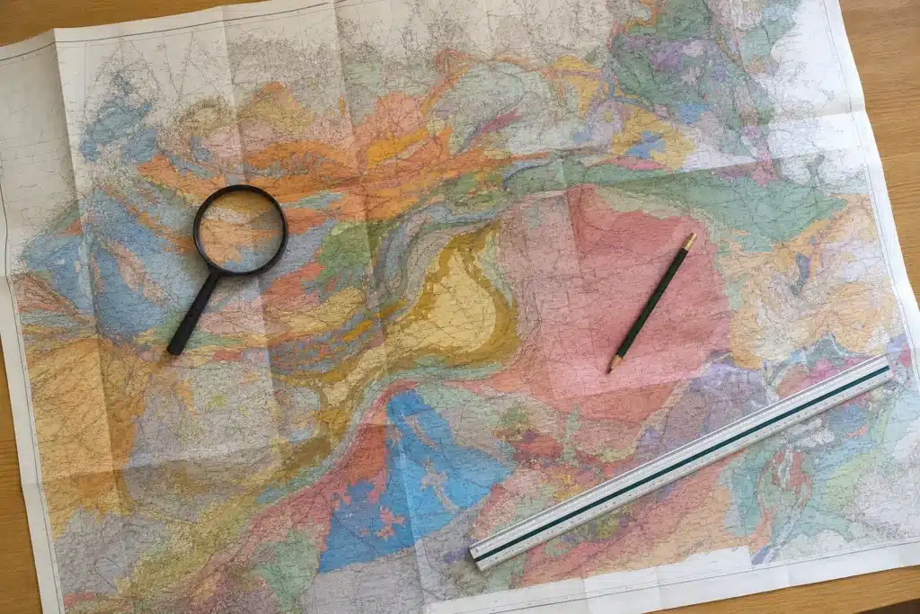 Carte de zonage des argiles consultée à la loupe sur un bureau