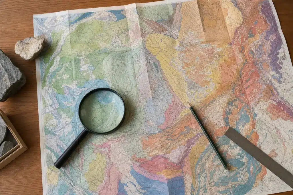 Carte de zonage des argiles consultée à la loupe sur un bureau