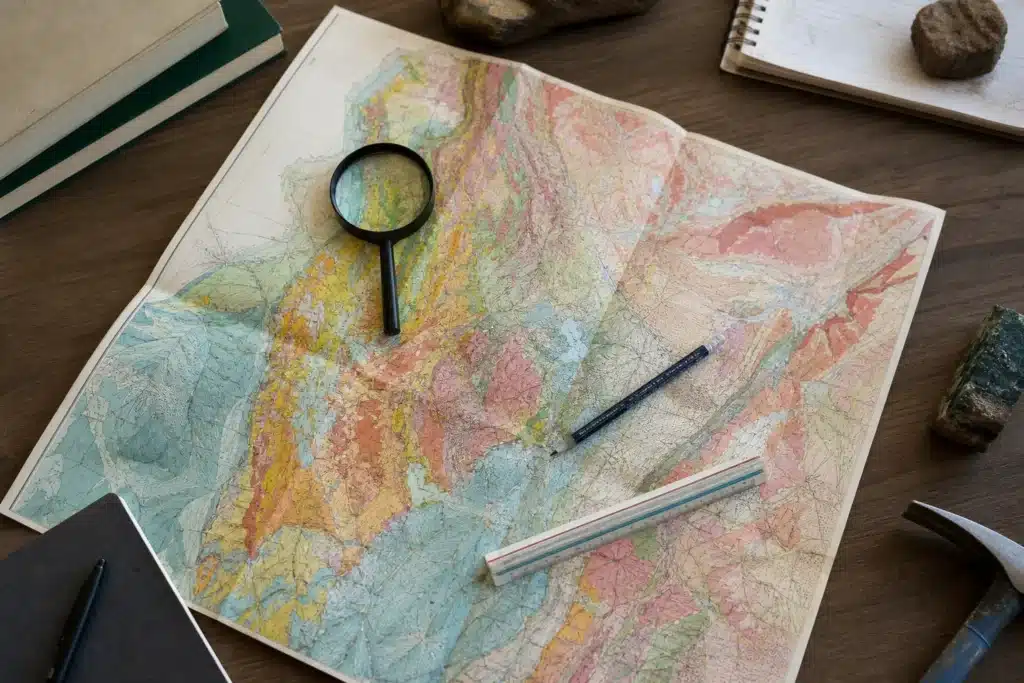 Carte de zonage des argiles consultée à la loupe sur un bureau