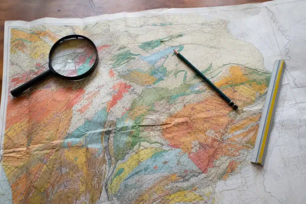 Carte de zonage des argiles consultée à la loupe sur un bureau