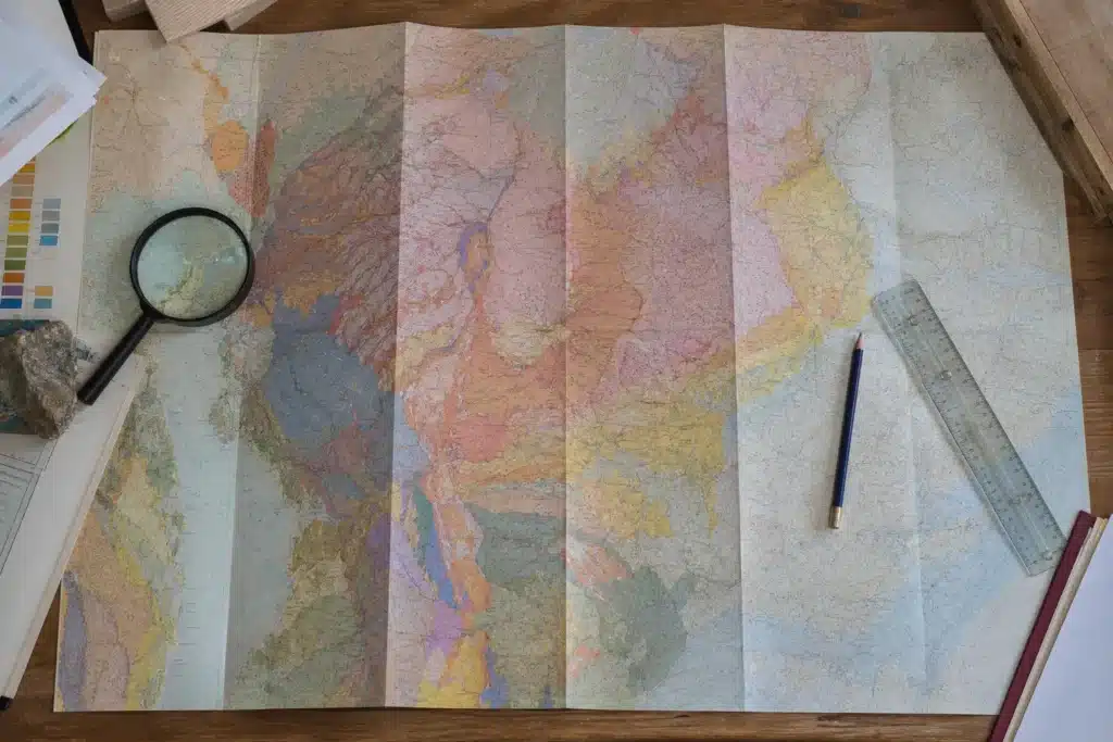 Carte de zonage des argiles consultée à la loupe sur un bureau