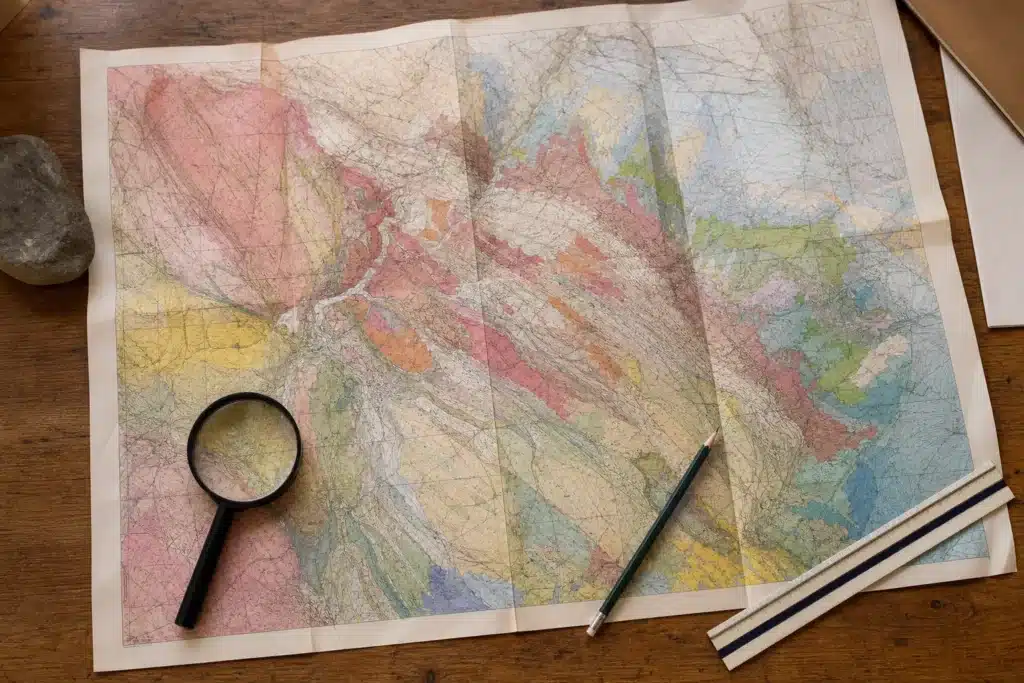 Carte de zonage des argiles consultée à la loupe sur un bureau