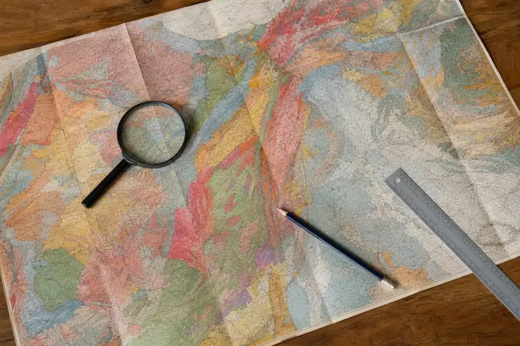 Carte de zonage des argiles consultée à la loupe sur un bureau