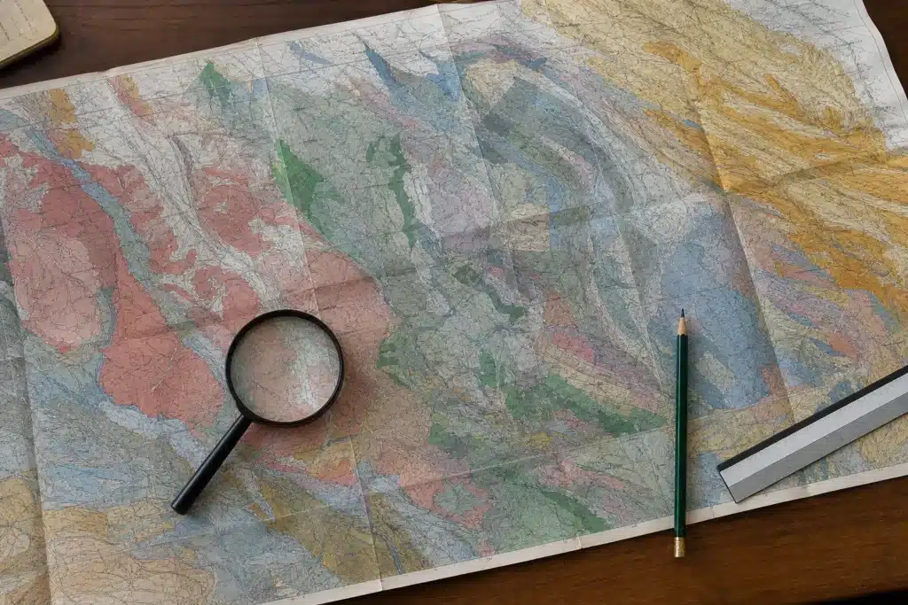 Carte de zonage des argiles consultée à la loupe sur un bureau