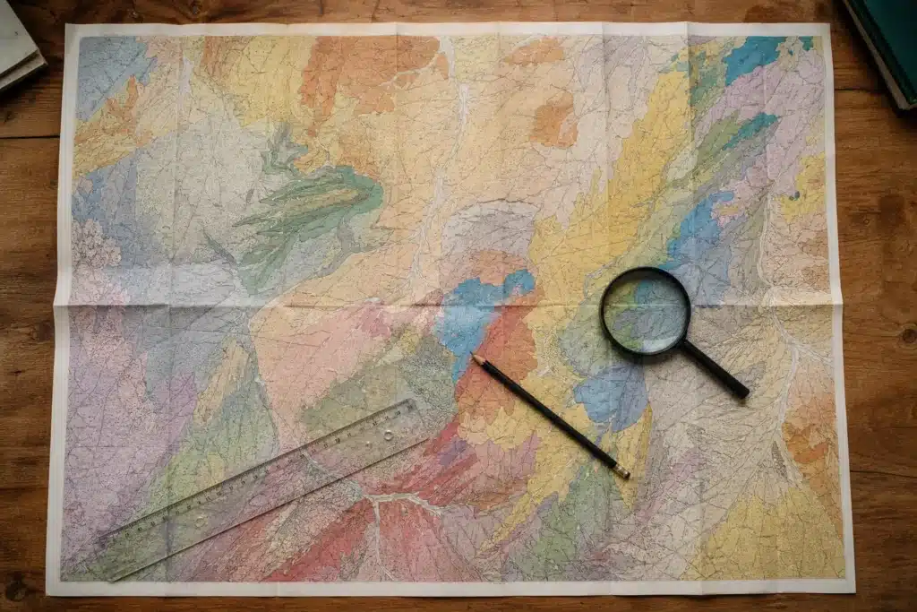 Carte de zonage des argiles consultée à la loupe sur un bureau