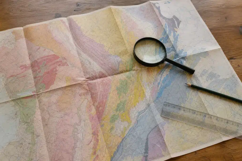 Carte de zonage des argiles consultée à la loupe sur un bureau