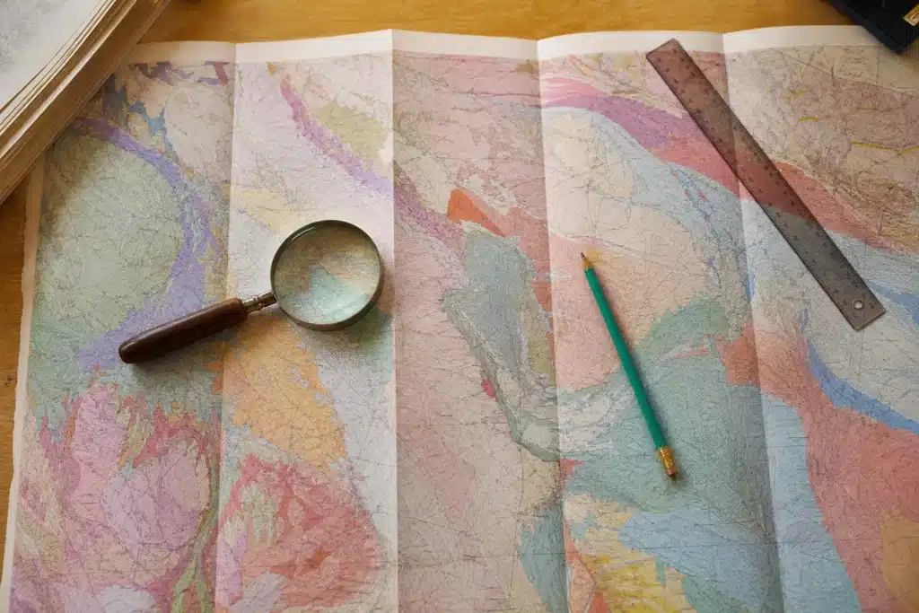 Carte de zonage des argiles consultée à la loupe sur un bureau