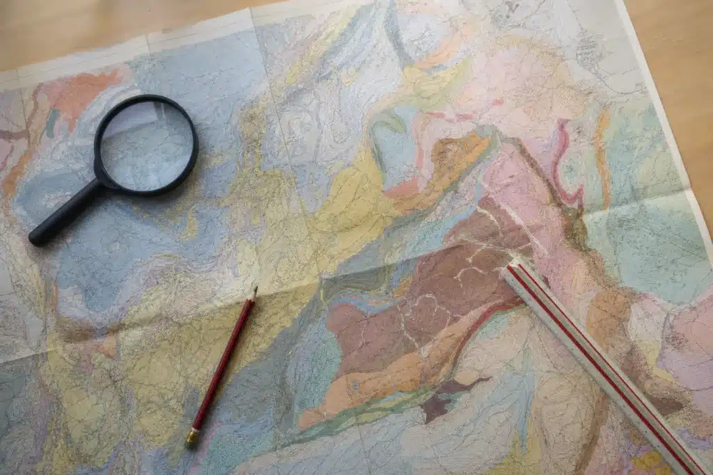 Carte de zonage des argiles consultée à la loupe sur un bureau