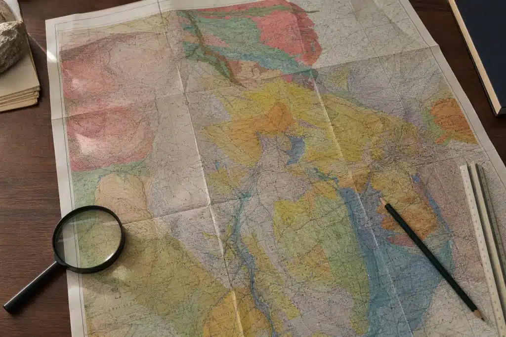 Carte de zonage des argiles consultée à la loupe sur un bureau