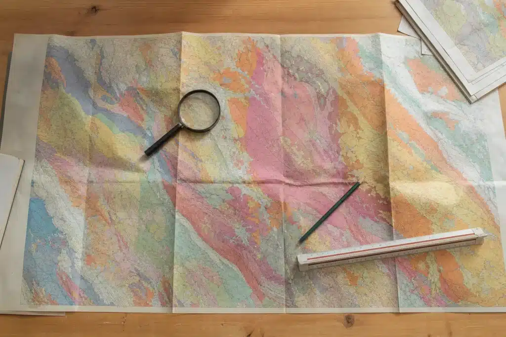 Carte de zonage des argiles consultée à la loupe sur un bureau