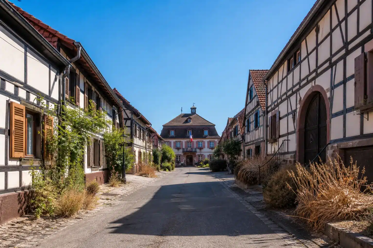 Rue de village dans le Bas-Rhin après une sécheresse, mairie au fond