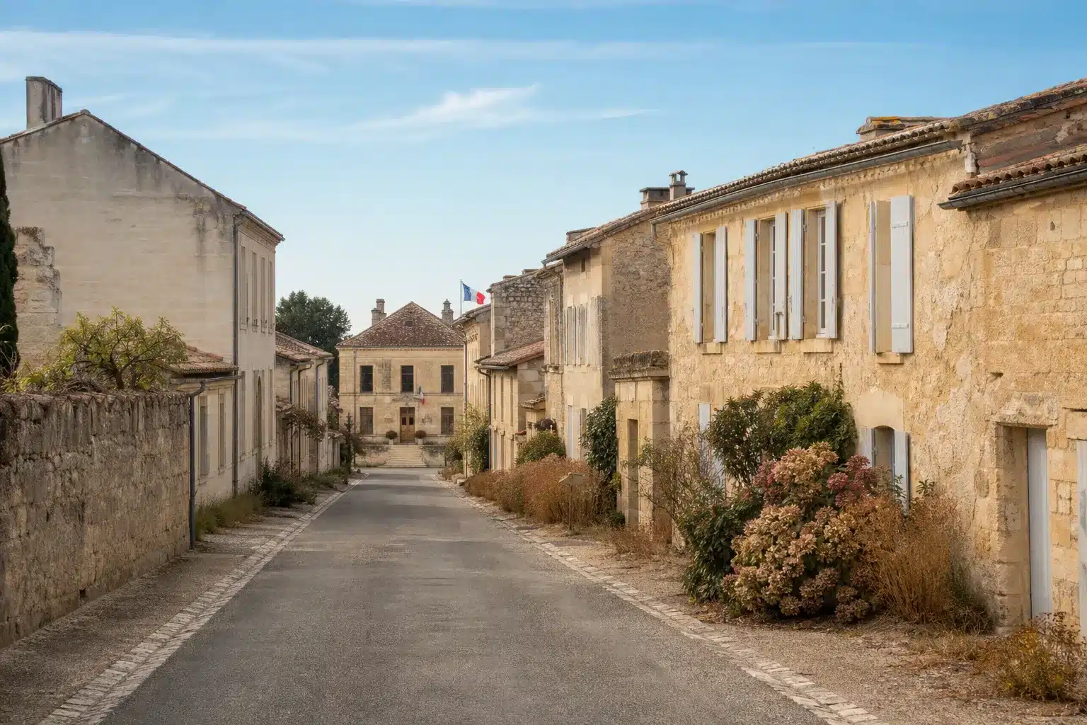 Rue de village en Charente après une sécheresse, mairie au fond