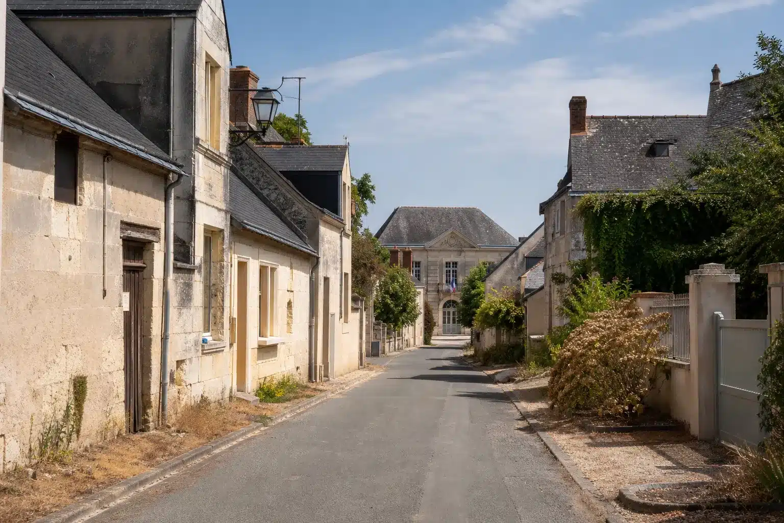 Rue de village en Eure-et-Loir après une sécheresse, mairie au fond