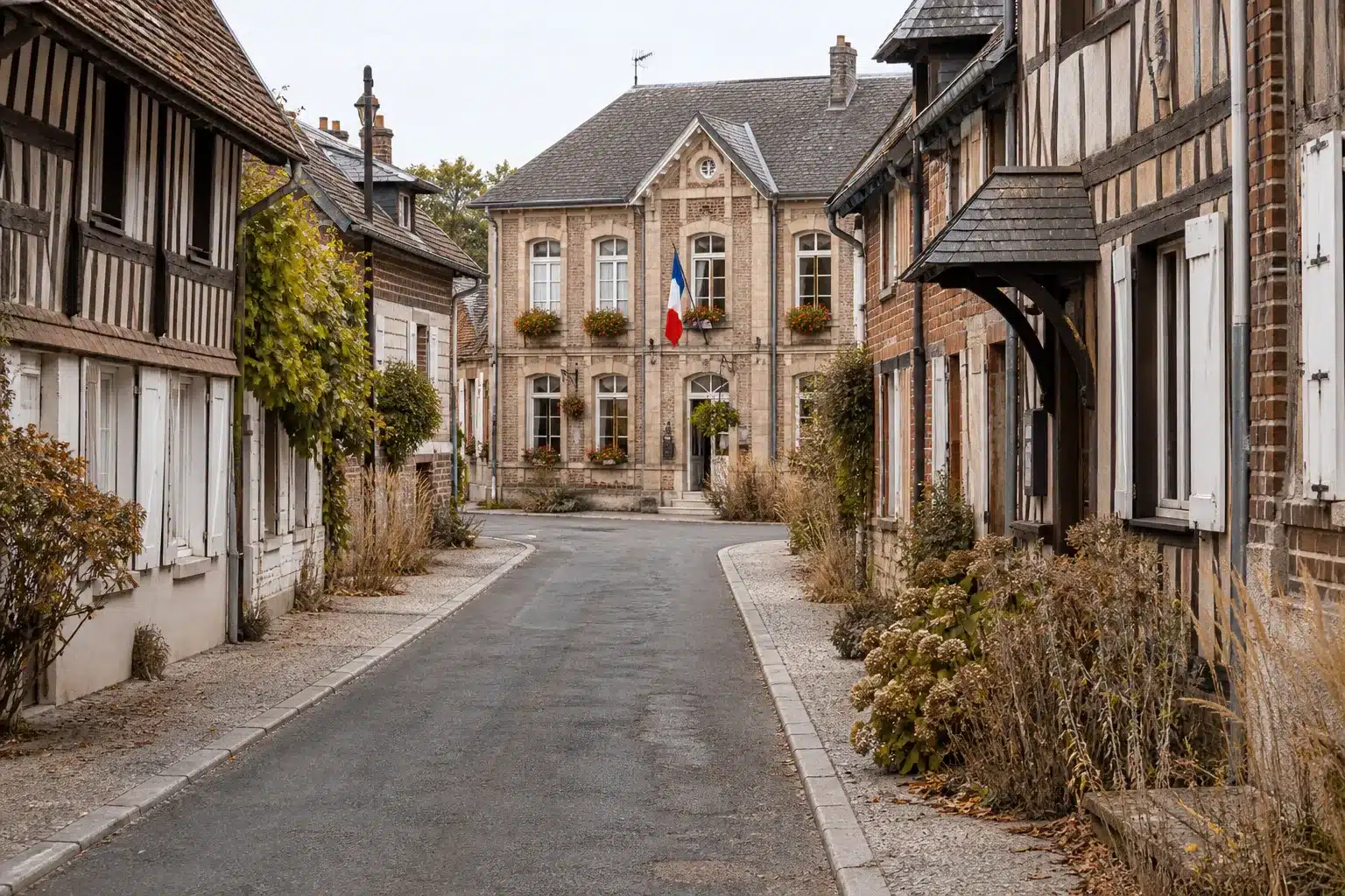 Rue de village dans l'Eure après une sécheresse, mairie au fond