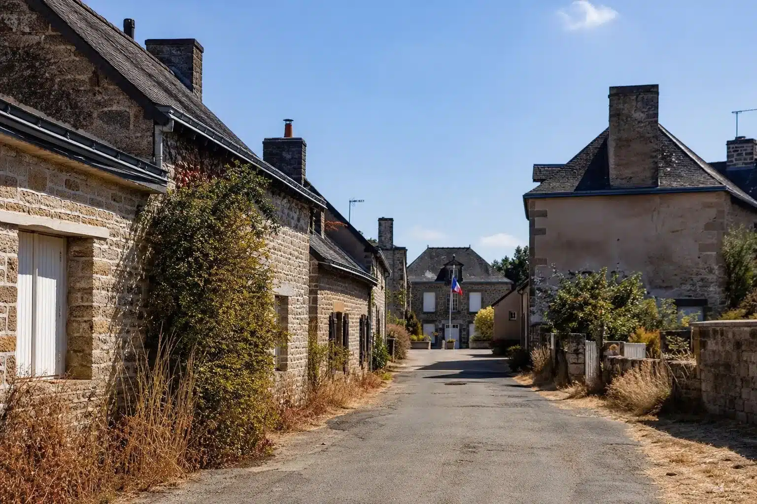 Rue de village en Mayenne après une sécheresse, mairie au fond