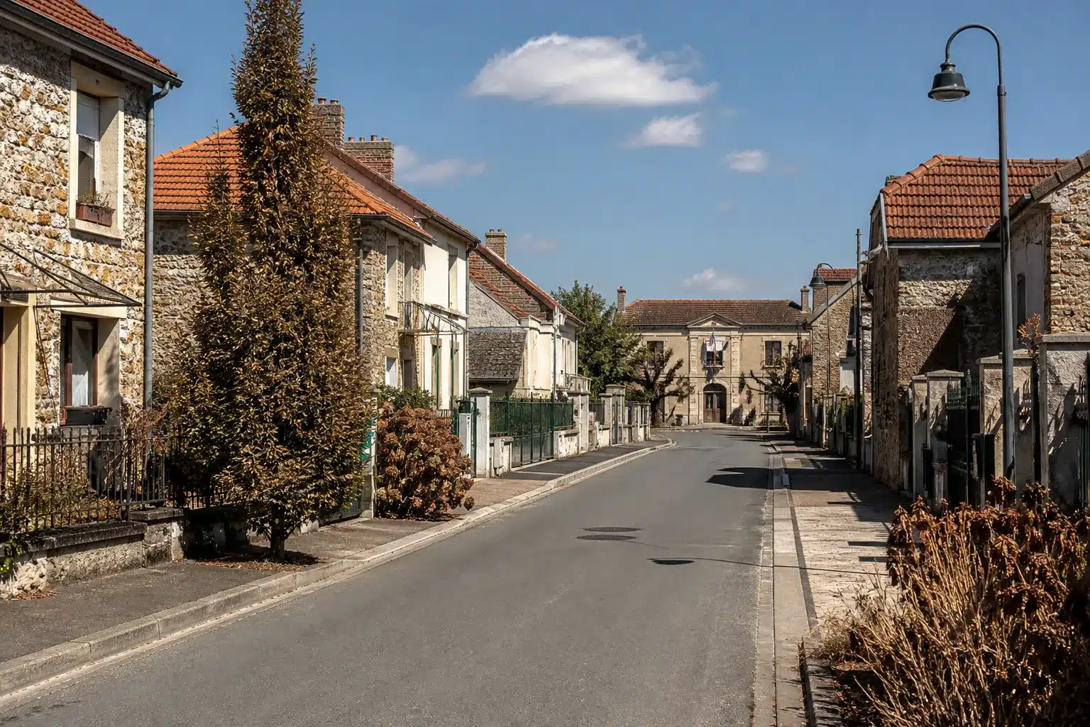 Rue de village dans le Val-d'Oise après une sécheresse, mairie au fond