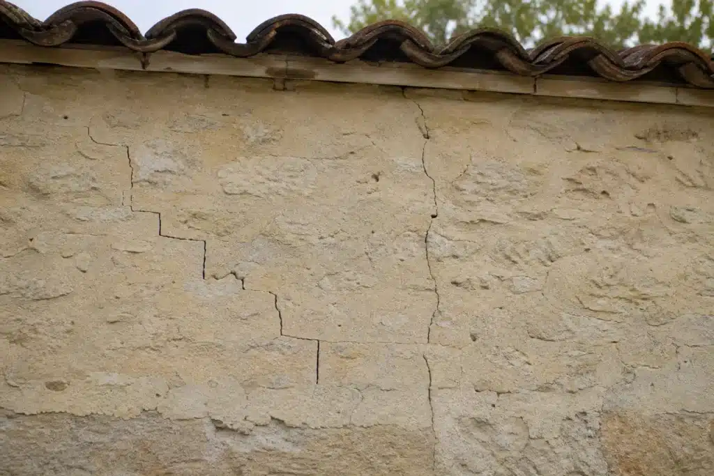 Plusieurs types de fissures sur un mur extérieur, à distinguer par l'expertise