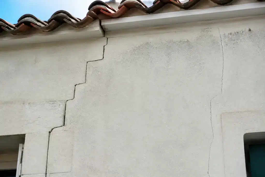 Plusieurs types de fissures sur un mur extérieur, à distinguer par l'expertise