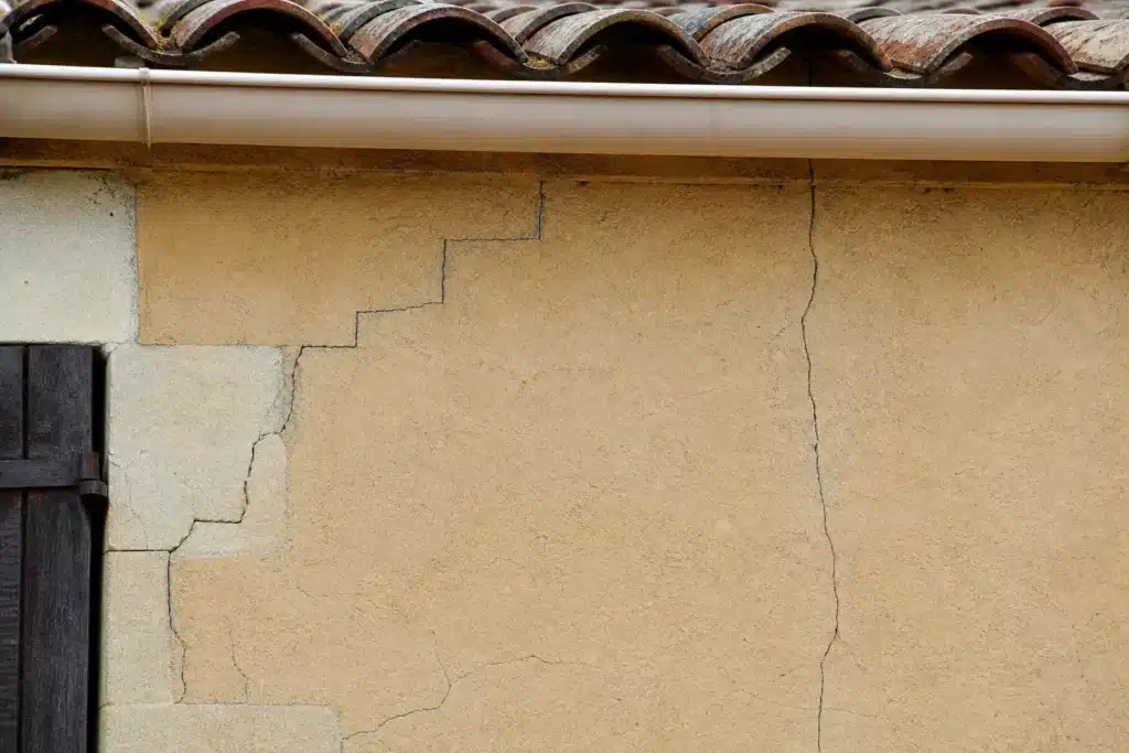 Plusieurs types de fissures sur un mur extérieur, à distinguer par l'expertise