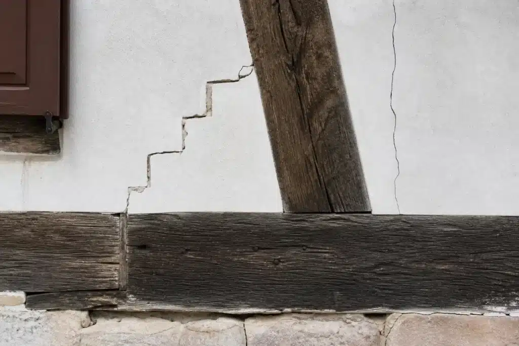 Plusieurs types de fissures sur un mur extérieur, à distinguer par l'expertise