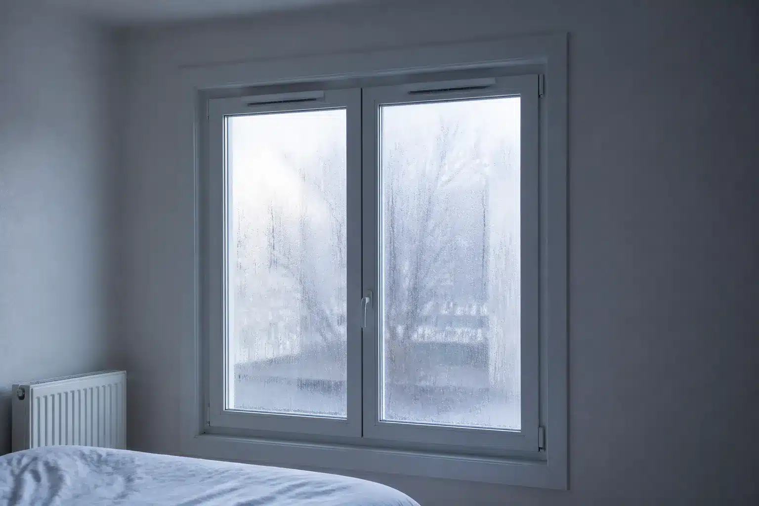 Buée sur la face intérieure d'une fenêtre double vitrage dans la chambre d'un logement neuf en hiver
