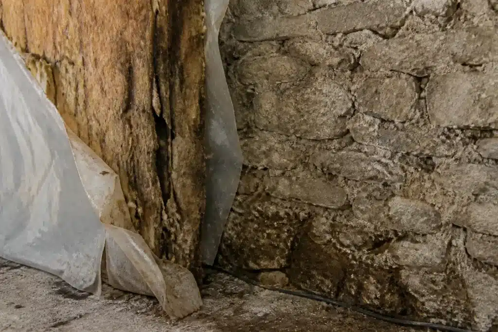 Doublage intérieur déposé sur un mur en pierre : isolant humide, pierre assombrie et pare-vapeur déchiré mal raccordé