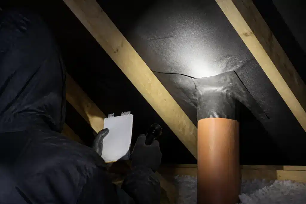 Contrôle depuis les combles de la sous-face d'un écran de sous-toiture et d'un raccord autour d'un conduit lors de la réception d'une toiture