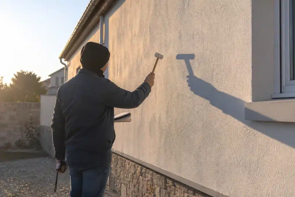 Expert en bâtiment sondant au maillet un enduit de façade ravalée et notant les zones qui sonnent creux avant la réception des travaux