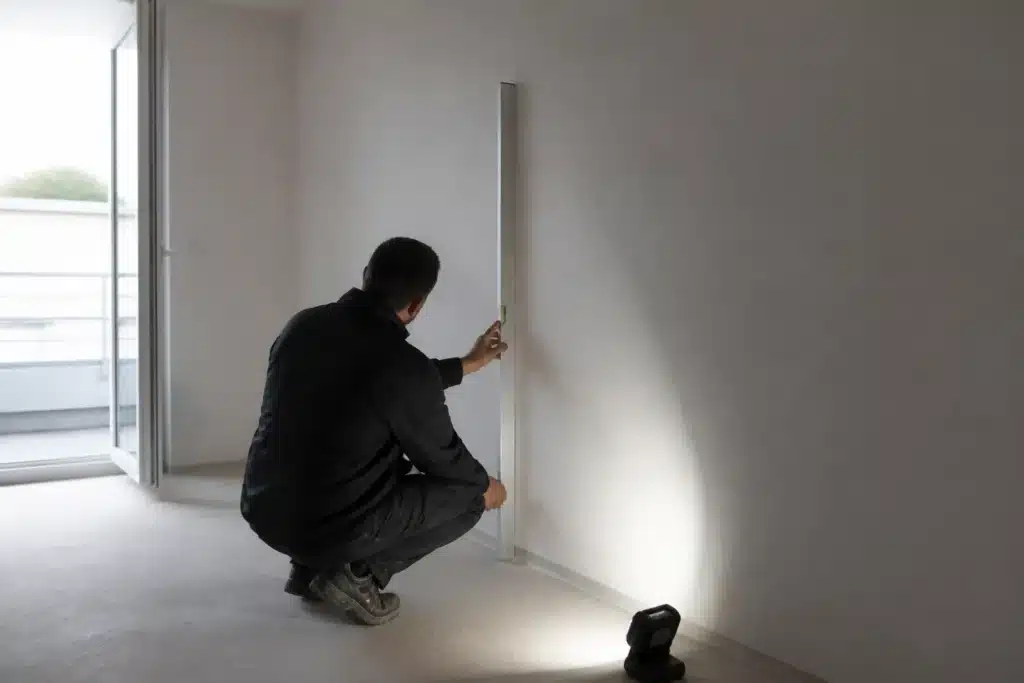 Expert en bâtiment contrôlant la planéité d'un mur à la règle dans un appartement neuf après la livraison