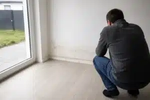 Propriétaire observant une auréole d'humidité au pied d'un mur de maison neuve découverte peu avant le premier anniversaire de la réception